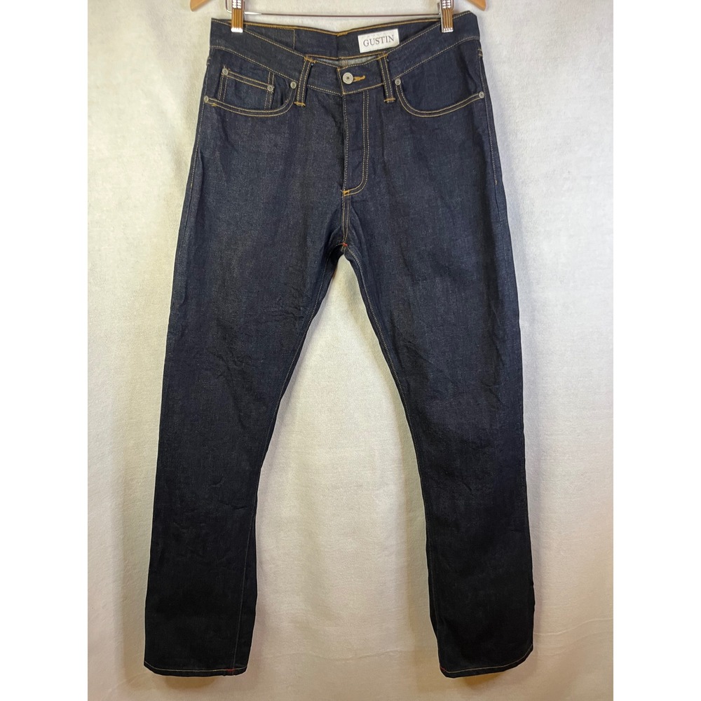 GUSTIN Raw Selvedge Denim Jeans Dark Indigo Straight Cut Button Fly USA  34 X 34